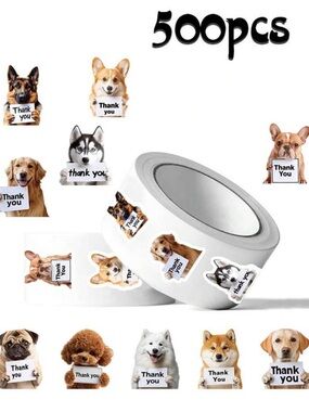 Dog Thank You Sticker Roll - White Background with Multi Dog Designs (500pcs)